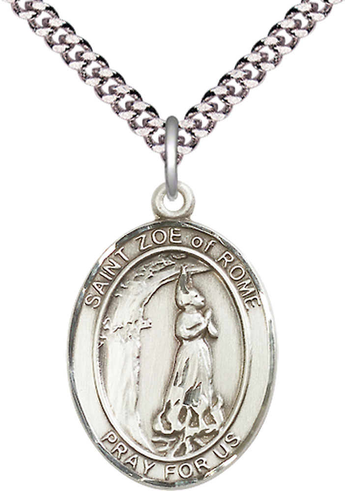 Sterling Silver Saint Zoe of Rome Pendant on a 24 inch Light Rhodium Heavy Curb chain