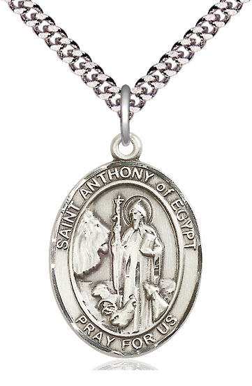 Sterling Silver Saint Anthony of Egypt Pendant on a 24 inch Light Rhodium Heavy Curb chain