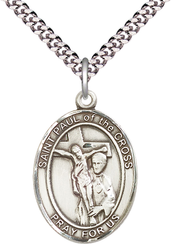 Sterling Silver Saint Paul of the Cross Pendant on a 24 inch Light Rhodium Heavy Curb chain