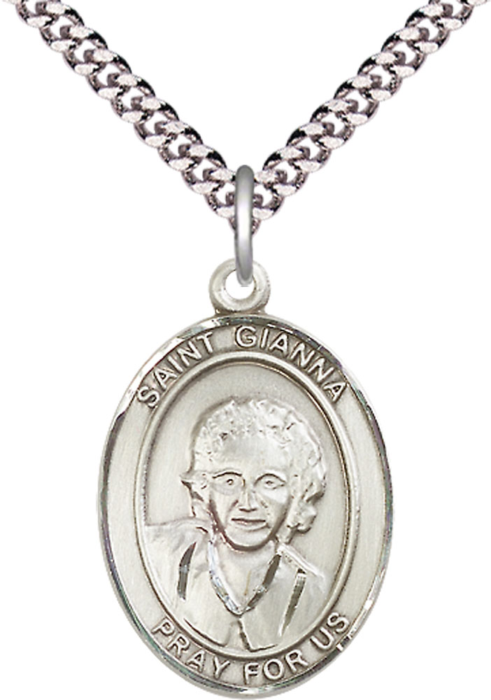 Sterling Silver Saint Gianna Pendant on a 24 inch Light Rhodium Heavy Curb chain