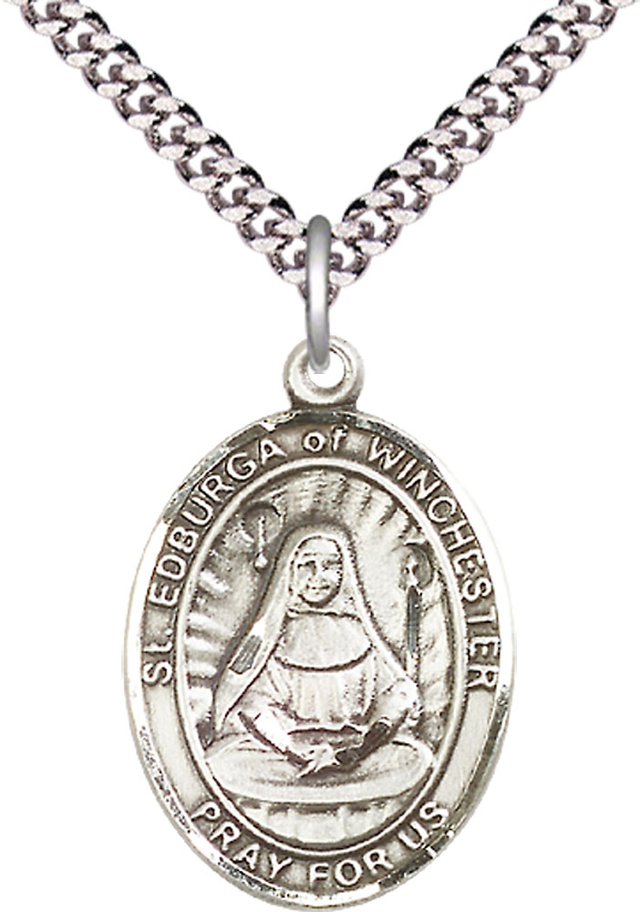 Sterling Silver Saint Edburga of Winchester Pendant on a 24 inch Light Rhodium Heavy Curb chain