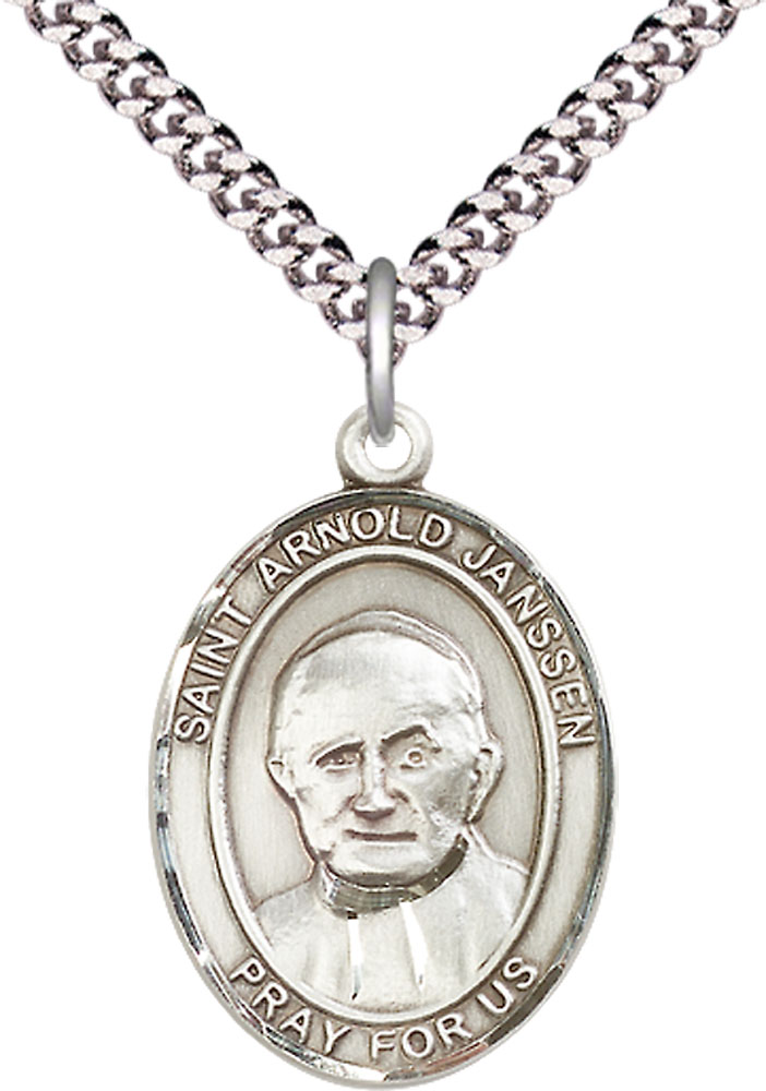 Sterling Silver Saint Arnold Janssen Pendant on a 24 inch Light Rhodium Heavy Curb chain