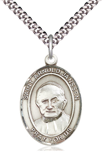 Sterling Silver Saint Arnold Janssen Pendant on a 24 inch Light Rhodium Heavy Curb chain