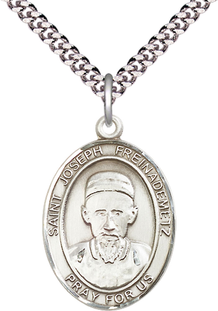 Sterling Silver Saint Joseph Freinademetz Pendant on a 24 inch Light Rhodium Heavy Curb chain