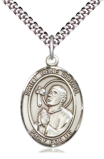 Sterling Silver Saint Rene Goupil Pendant on a 24 inch Light Rhodium Heavy Curb chain