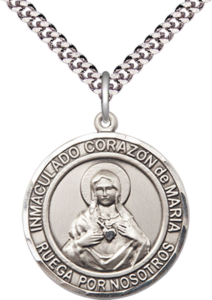 Sterling Silver Corazon Inmaculado de Maria Pendant on a 24 inch Light Rhodium Heavy Curb chain