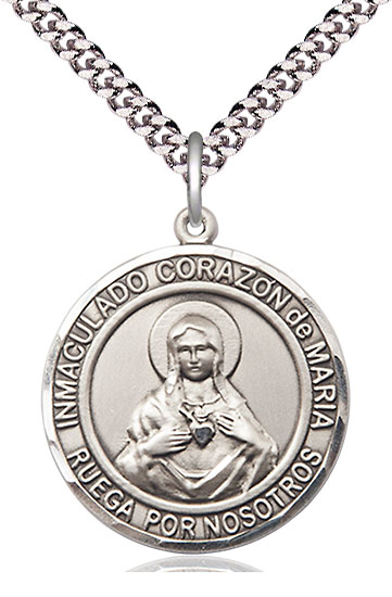 Sterling Silver Corazon Inmaculado de Maria Pendant on a 24 inch Light Rhodium Heavy Curb chain