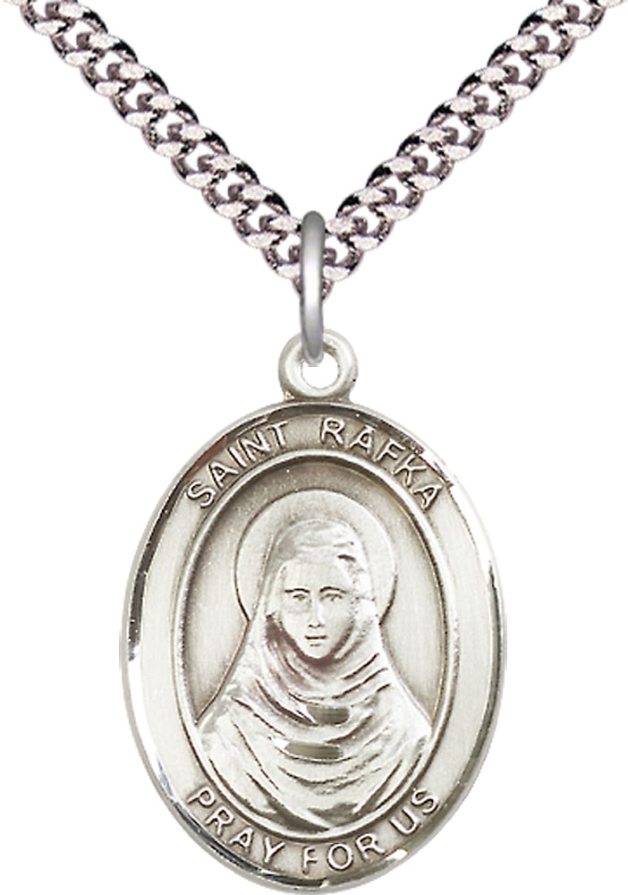 Sterling Silver Saint Rafka Pendant on a 24 inch Light Rhodium Heavy Curb chain