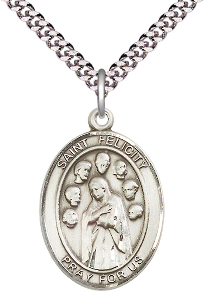 Sterling Silver Saint Felicity Pendant on a 24 inch Light Rhodium Heavy Curb chain