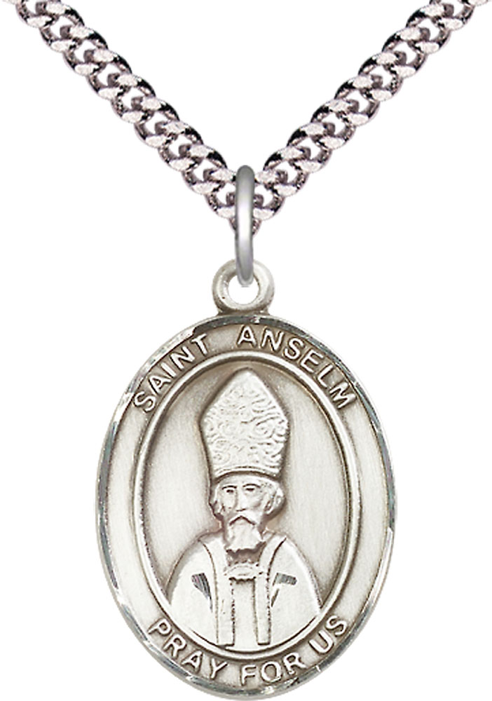 Sterling Silver Saint Anselm of Canterbury Pendant on a 24 inch Light Rhodium Heavy Curb chain