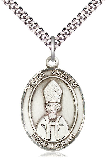 Sterling Silver Saint Anselm of Canterbury Pendant on a 24 inch Light Rhodium Heavy Curb chain