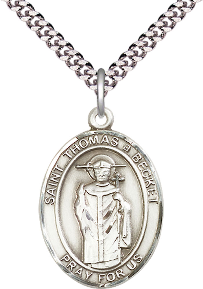 Sterling Silver Saint Thomas A Becket Pendant on a 24 inch Light Rhodium Heavy Curb chain