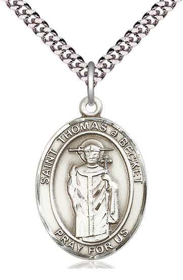 Sterling Silver Saint Thomas A Becket Pendant on a 24 inch Light Rhodium Heavy Curb chain