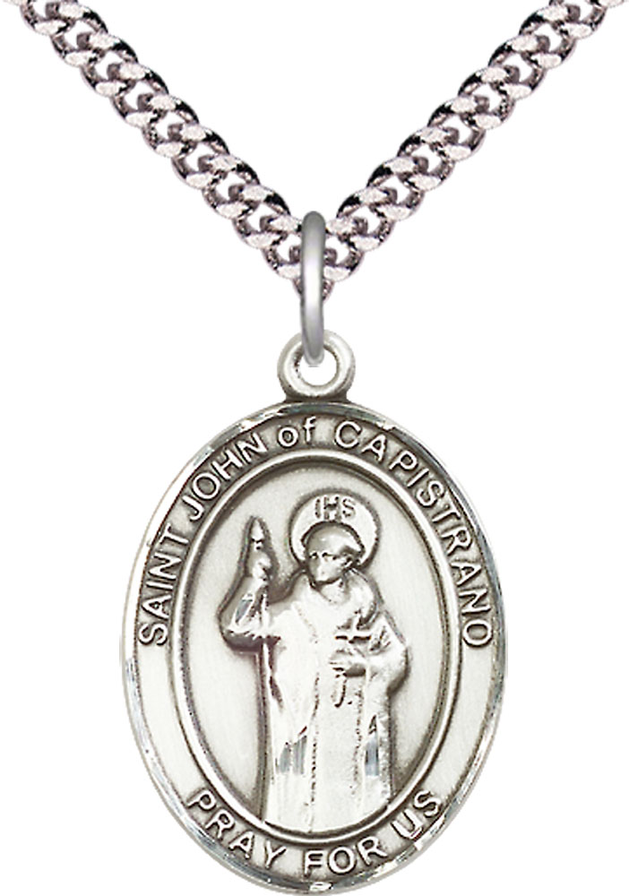 Sterling Silver Saint John of Capistrano Pendant on a 24 inch Light Rhodium Heavy Curb chain