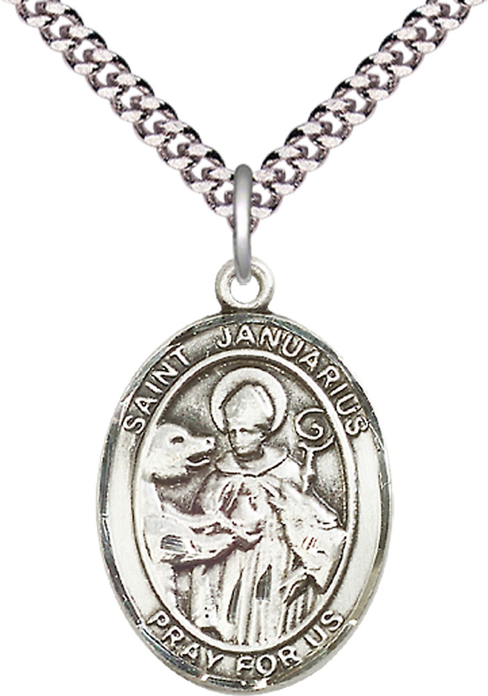 Sterling Silver Saint Januarius Pendant on a 24 inch Light Rhodium Heavy Curb chain