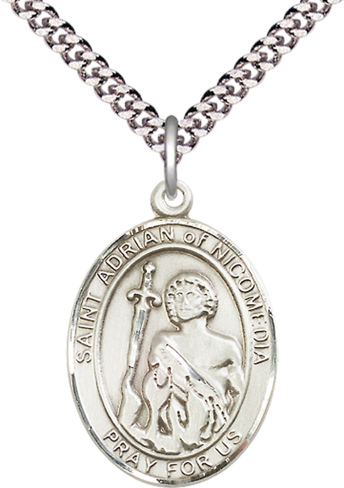 Sterling Silver Saint Adrian of Nicomedia Pendant on a 24 inch Light Rhodium Heavy Curb chain
