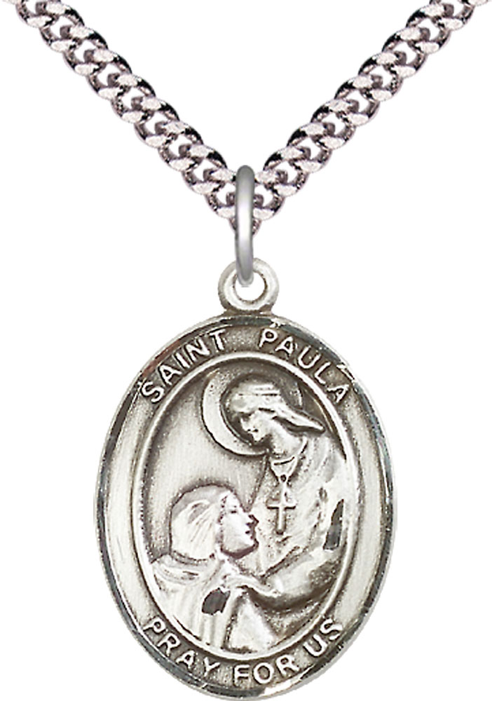 Sterling Silver Saint Paula Pendant on a 24 inch Light Rhodium Heavy Curb chain