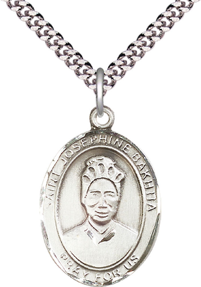 Sterling Silver Saint Josephine Bakhita Pendant on a 24 inch Light Rhodium Heavy Curb chain