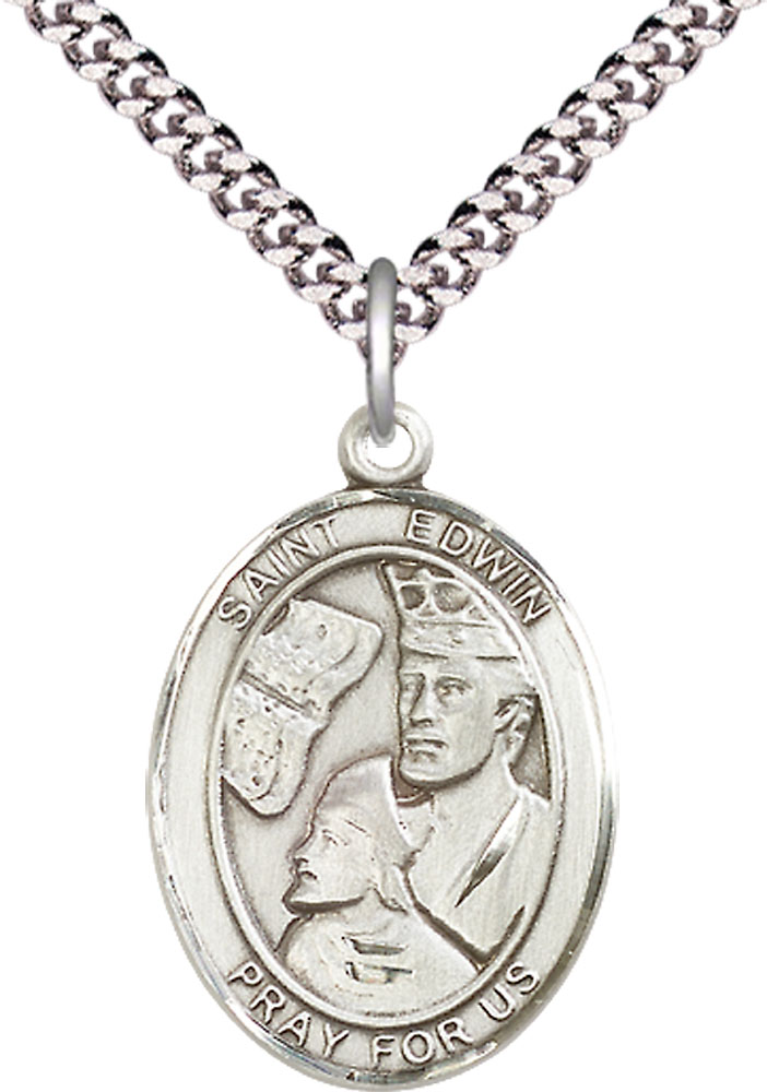 Sterling Silver Saint Edwin Pendant on a 24 inch Light Rhodium Heavy Curb chain