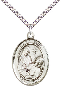 Sterling Silver Saint Fina Pendant on a 24 inch Light Rhodium Heavy Curb chain