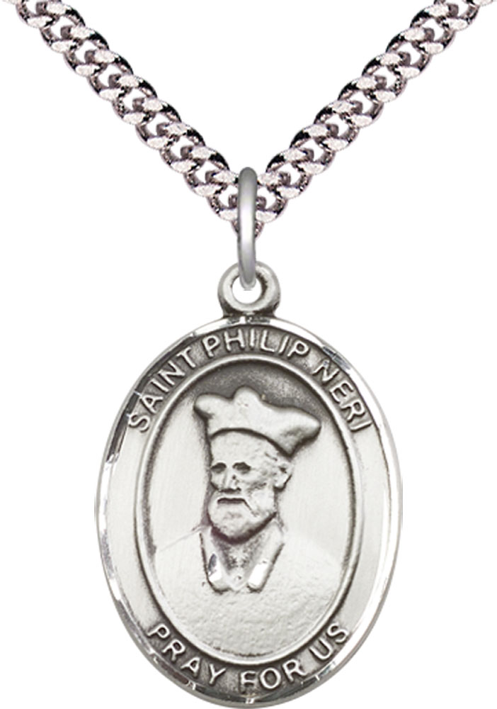 Sterling Silver Saint Philip Neri Pendant on a 24 inch Light Rhodium Heavy Curb chain
