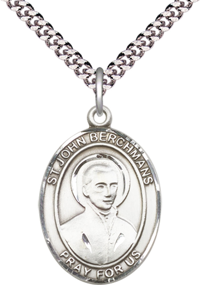 Sterling Silver Saint John Berchmans Pendant on a 24 inch Light Rhodium Heavy Curb chain