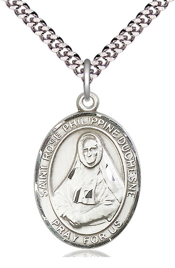 Sterling Silver Saint Rose Philippine Pendant on a 24 inch Light Rhodium Heavy Curb chain