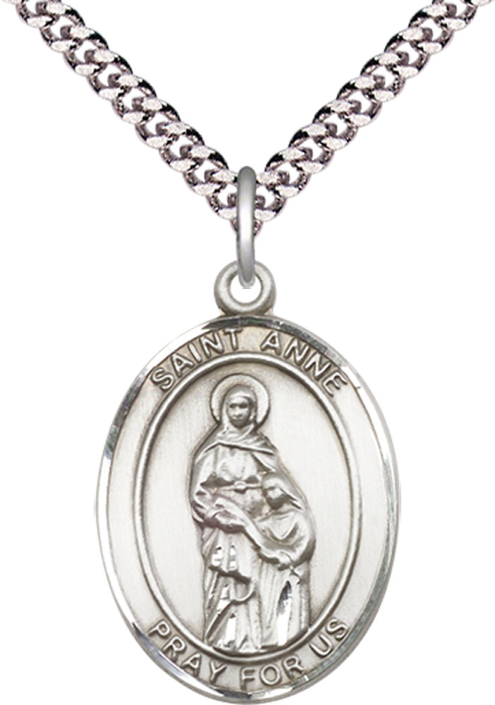 Sterling Silver Saint Anne Pendant on a 24 inch Light Rhodium Heavy Curb chain