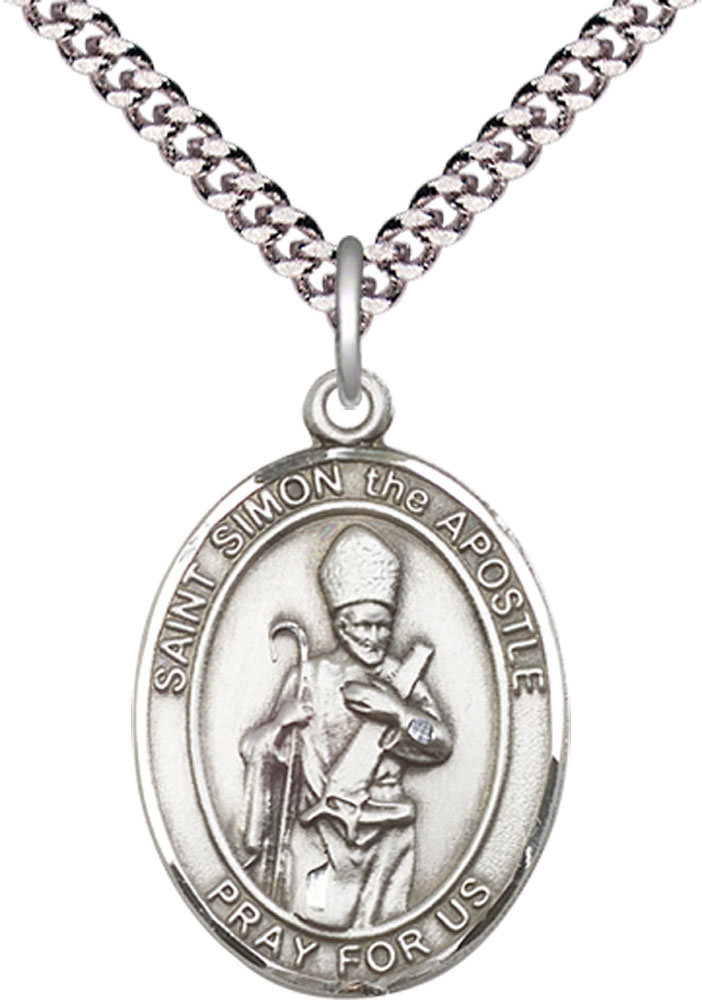 Sterling Silver Saint Simon Pendant on a 24 inch Light Rhodium Heavy Curb chain