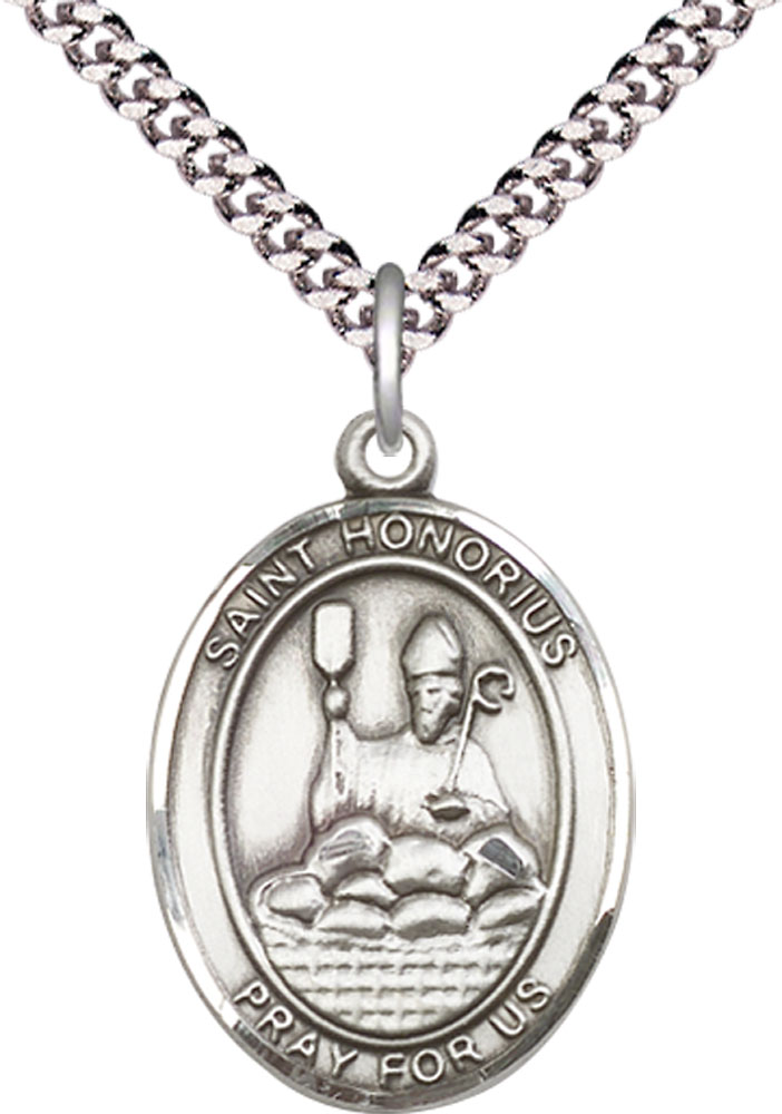 Sterling Silver Saint Honorius Pendant on a 24 inch Light Rhodium Heavy Curb chain