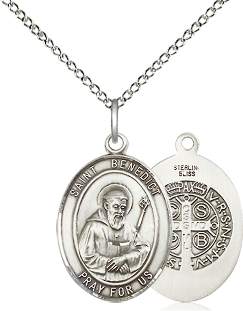 Sterling Silver Saint Benedict Pendant on a 18 inch Sterling Silver Light Curb chain