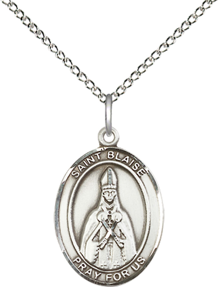 Sterling Silver Saint Blaise Pendant on a 18 inch Sterling Silver Light Curb chain