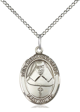 Sterling Silver Saint Katharine Drexel Pendant on a 18 inch Sterling Silver Light Curb chain