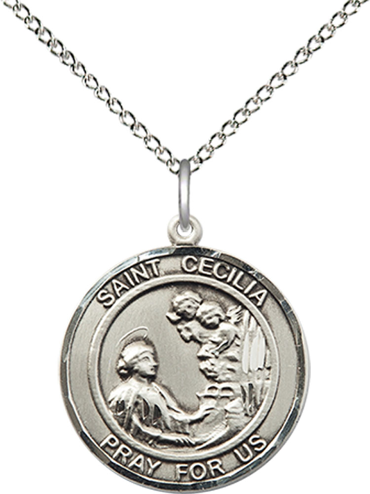 Sterling Silver Saint Cecilia Pendant on a 18 inch Sterling Silver Light Curb chain