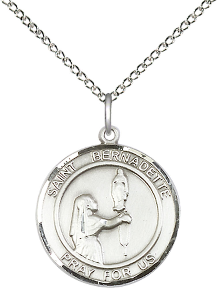 Sterling Silver Saint Bernadette Pendant on a 18 inch Sterling Silver Light Curb chain