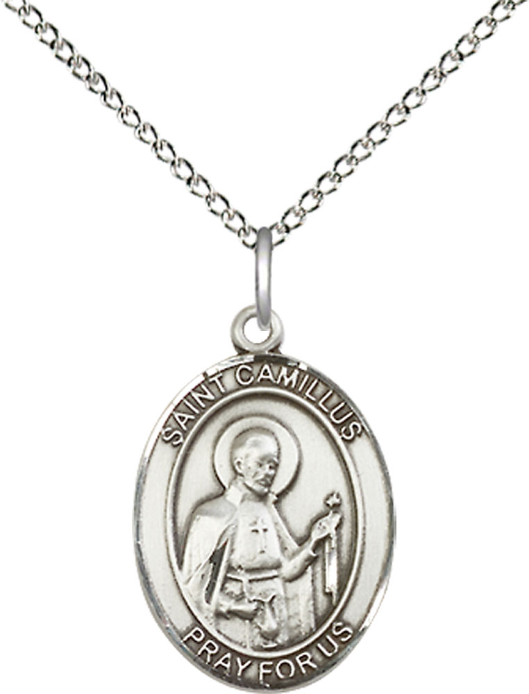 Sterling Silver Saint Camillus of Lellis Pendant on a 18 inch Sterling Silver Light Curb chain