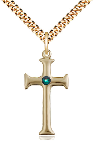 14kt Gold Filled Cross Pendant with a 3mm Emerald Swarovski stone on a 24 inch Gold Plate Heavy Curb chain