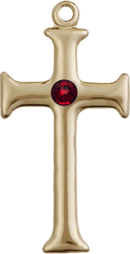 14kt Gold Cross Medal with a 3mm Garnet Swarovski stone