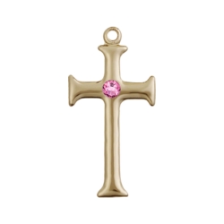 14kt Gold Cross Medal with a 3mm Rose Swarovski stone