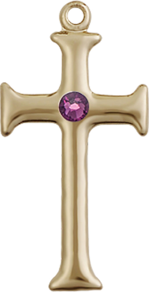 14kt Gold Cross Medal with a 3mm Amethyst Swarovski stone