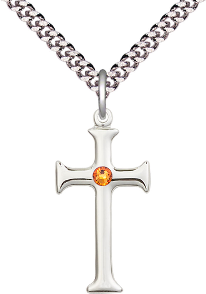 Sterling Silver Cross Pendant with a 3mm Topaz Swarovski stone on a 24 inch Light Rhodium Heavy Curb chain