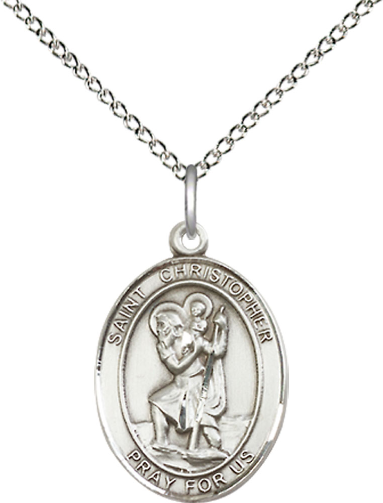 Sterling Silver Saint Christopher Pendant on a 18 inch Sterling Silver Light Curb chain