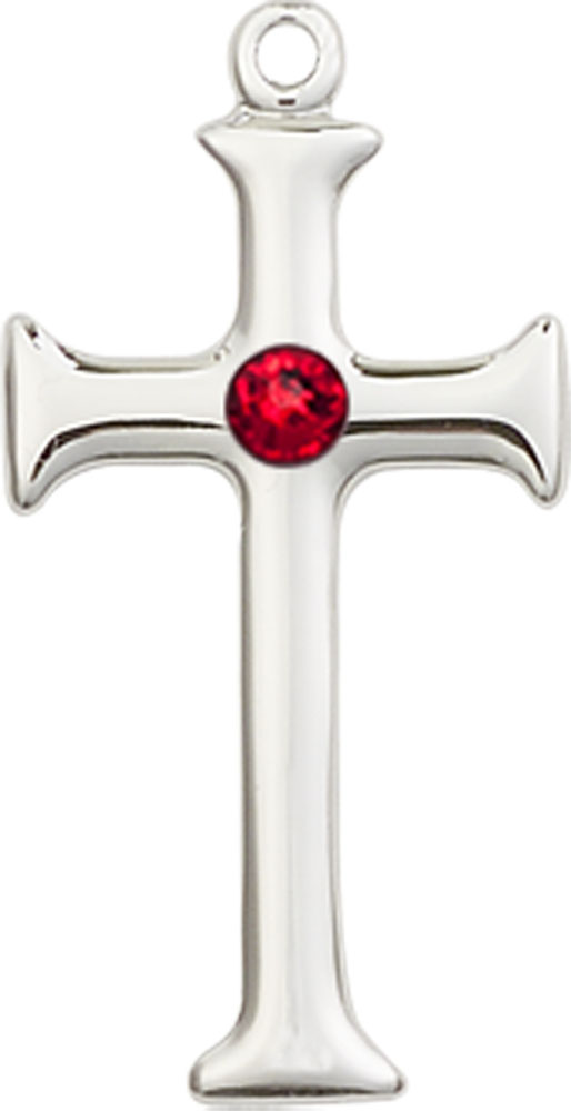 Sterling Silver Cross Medal with a 3mm Ruby Swarovski stone