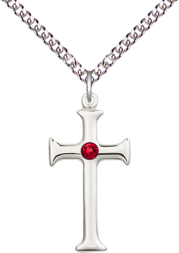 Sterling Silver Cross Pendant with a 3mm Ruby Swarovski stone on a 24 inch Sterling Silver Heavy Curb chain