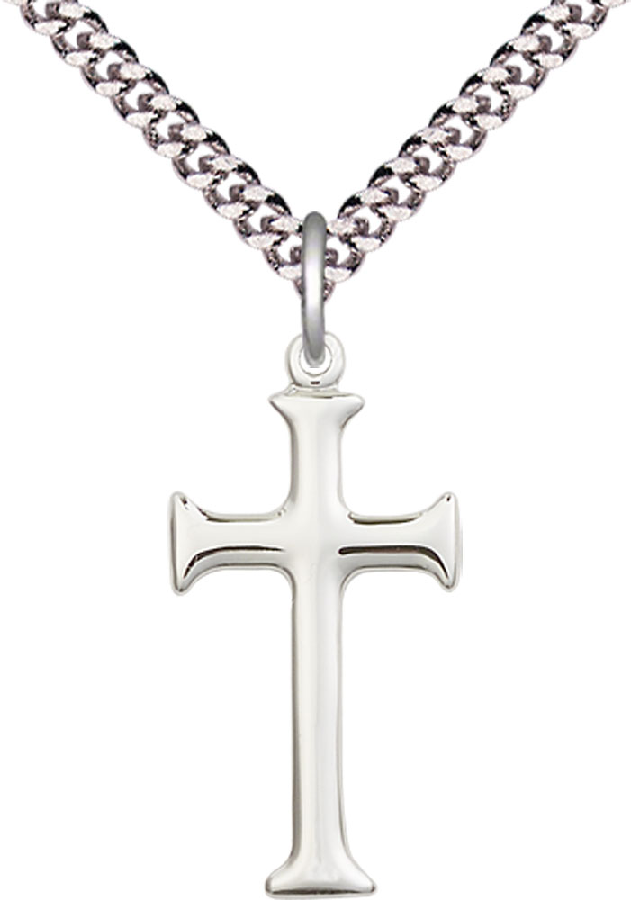 Sterling Silver Cross Pendant on a 24 inch Light Rhodium Heavy Curb chain