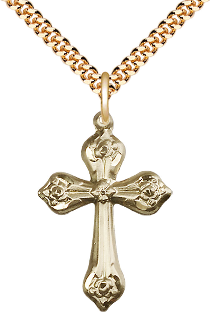 14kt Gold Filled Cross Pendant on a 24 inch Gold Plate Heavy Curb chain