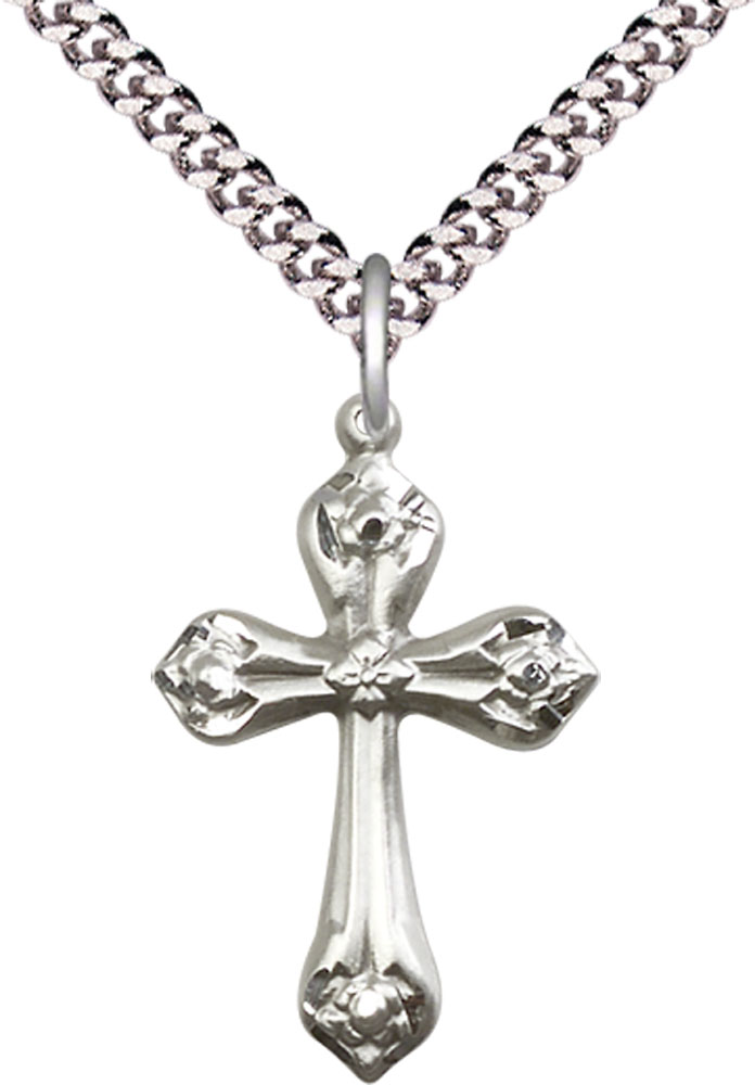 Sterling Silver Cross Pendant on a 24 inch Light Rhodium Heavy Curb chain