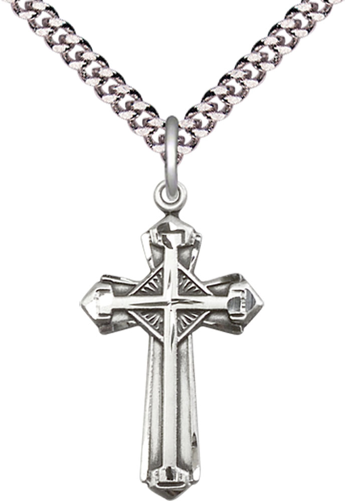 Sterling Silver Cross Pendant on a 24 inch Light Rhodium Heavy Curb chain