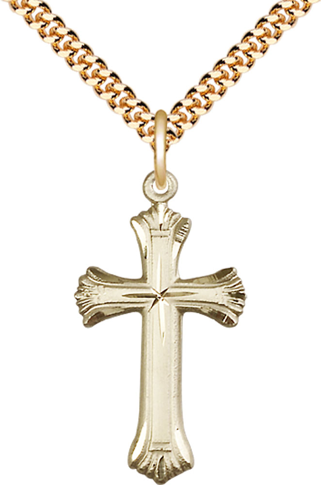 14kt Gold Filled Cross Pendant on a 24 inch Gold Plate Heavy Curb chain