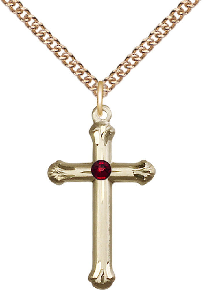 14kt Gold Filled Cross Pendant with a 3mm Garnet Swarovski stone on a 24 inch Gold Filled Heavy Curb chain